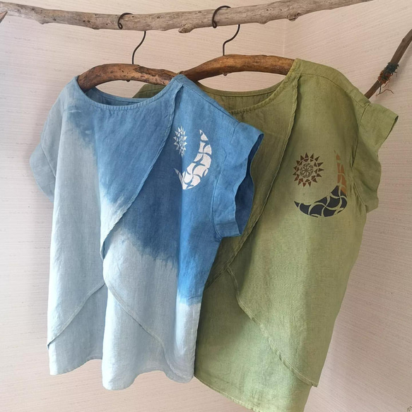 〘10%off〙草木染め moon linen tops * 薬草染めひらり麻カットソー 藍染め羽根トップス 蓮染め 1枚目の画像