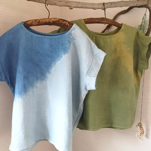 〘10%off〙草木染め moon linen tops * 薬草染めひらり麻カットソー 藍染め羽根トップス 蓮染め 3枚目の画像