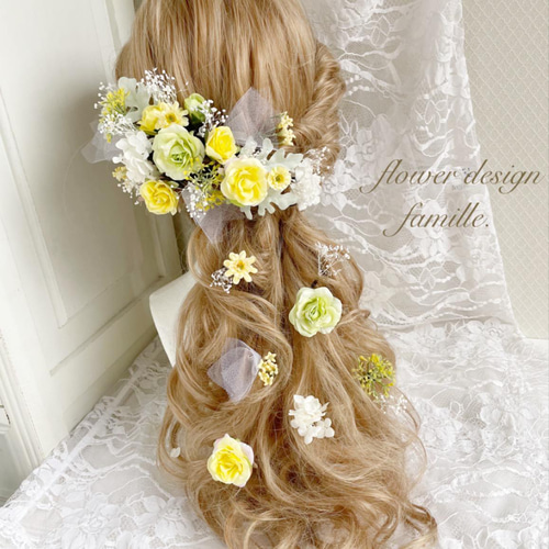 101.イエロー&グリーン&ホワイト チュール入りヘッドドレス・髪 101.イエロー&グリーン&ホワイト チュール入りヘッドドレス・髪