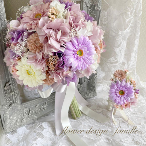 小花　ビッグ　ナチュラル　ブーケ　ブートニア付き　紫　ピンク　ホワイト 7f7767942f3f096d9e94b5213de5c3