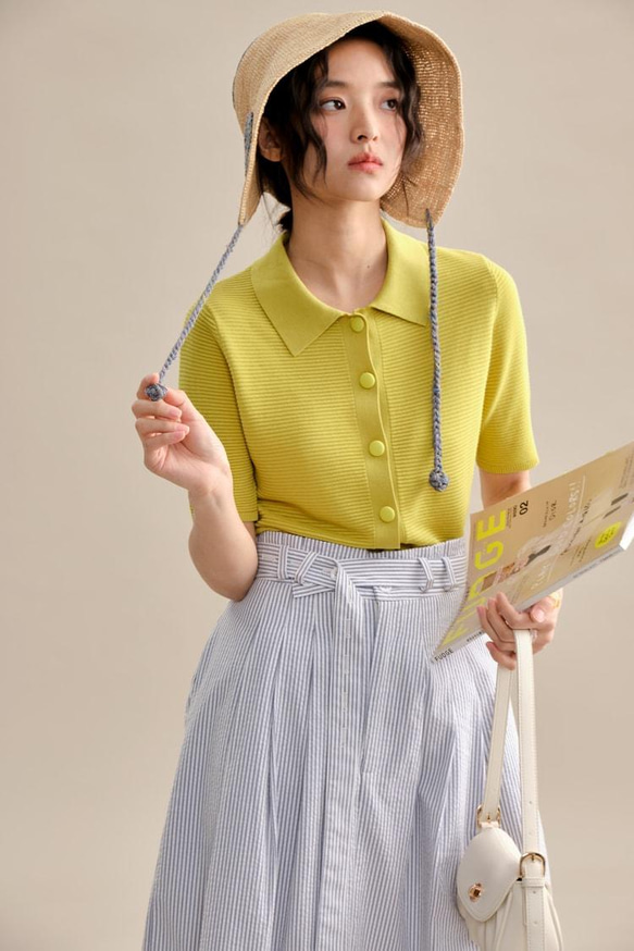 翻領針織短袖衫-黃色|針織衫|兩色|夏春款|Sora-936 第20張的照片