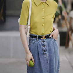 翻領針織短袖衫-黃色|針織衫|兩色|夏春款|Sora-936 第6張的照片