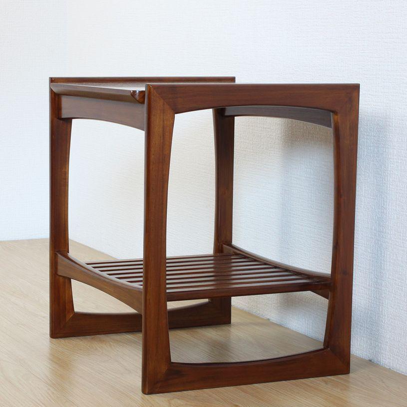 チーク 無垢材 銘木 サイドテーブル ナイトテーブル 木製 花台 電話台や照明スタンドに！43x38cm:W-0059