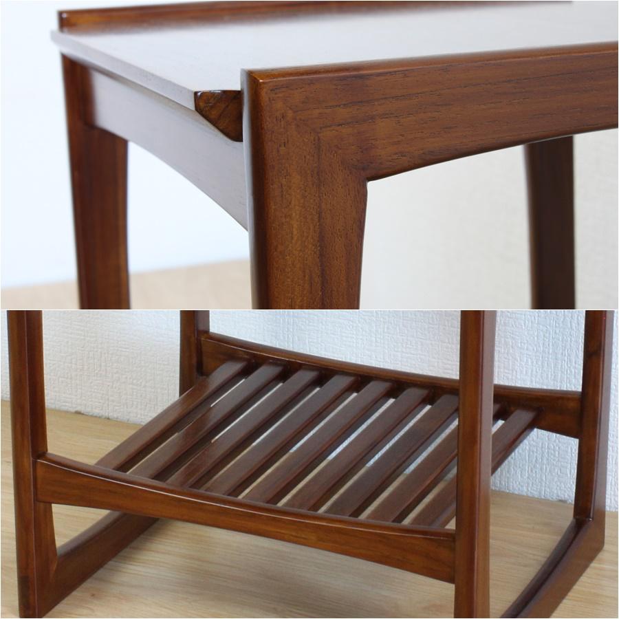 チーク 無垢材 銘木 サイドテーブル ナイトテーブル 木製 花台 電話台や照明スタンドに！43x38cm:W-0059