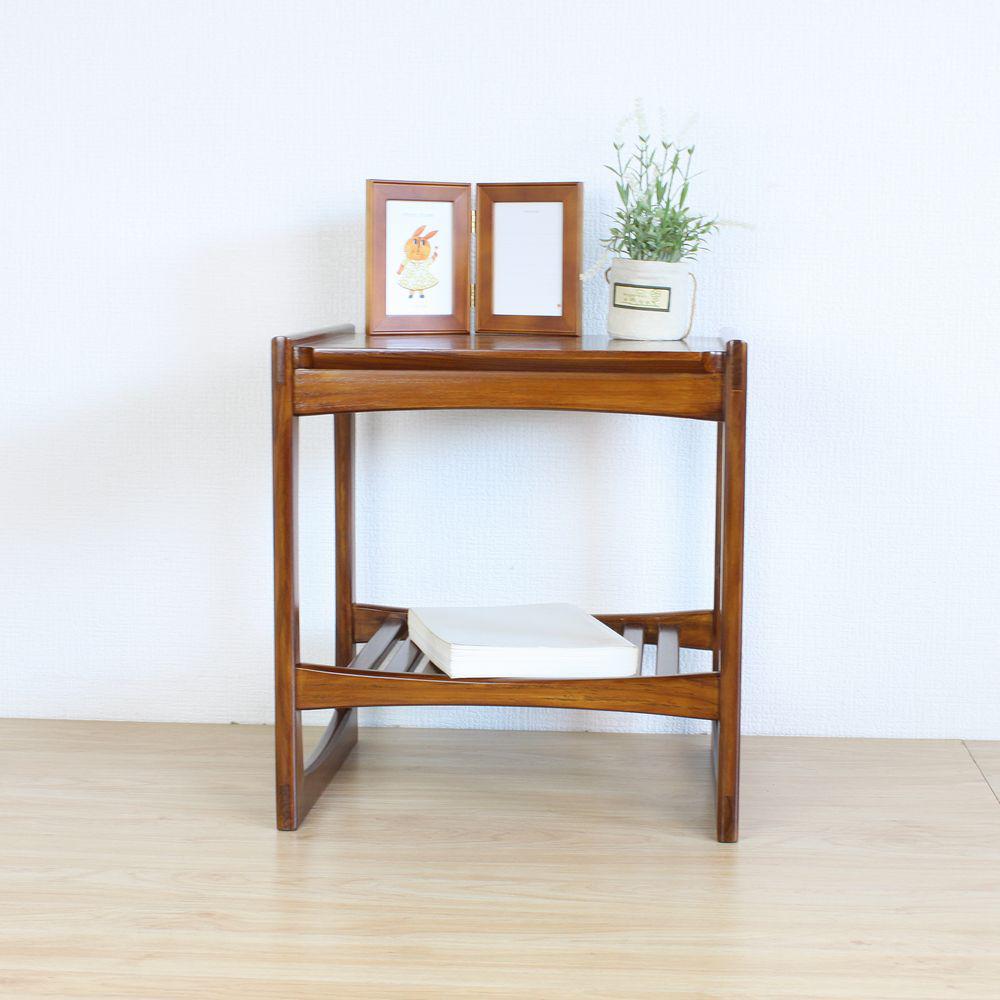 チーク 無垢材 銘木 サイドテーブル ナイトテーブル 木製 花台 電話台や照明スタンドに！43x38cm:W-0059