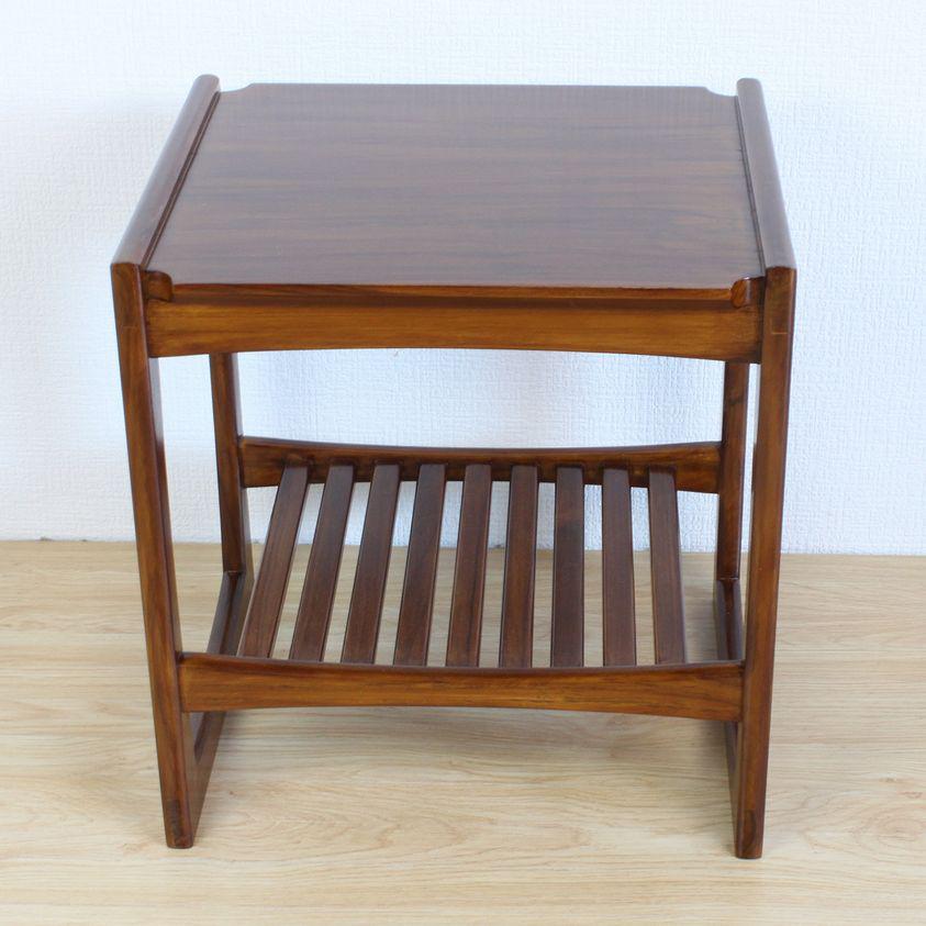 チーク 無垢材 銘木 サイドテーブル ナイトテーブル 木製 花台 電話台や照明スタンドに！43x38cm:W-0059