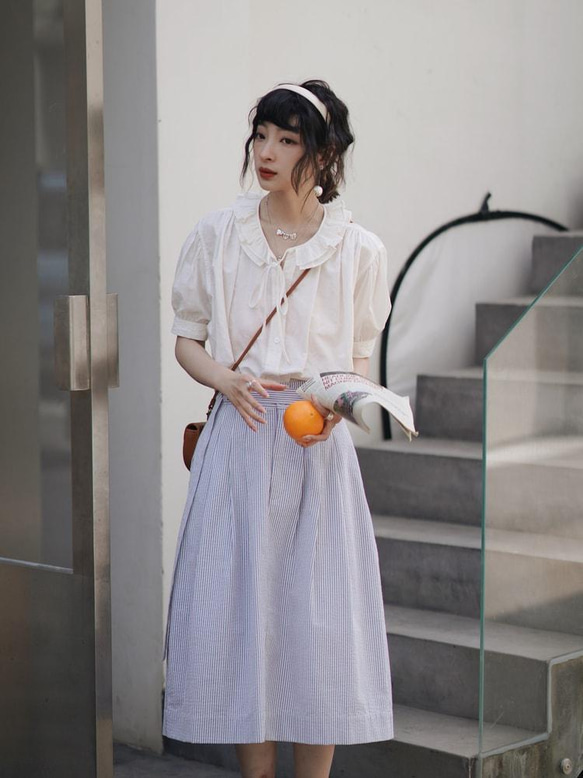 藍條紋高腰A字裙|裙子|夏春款|Sora-937 第5張的照片