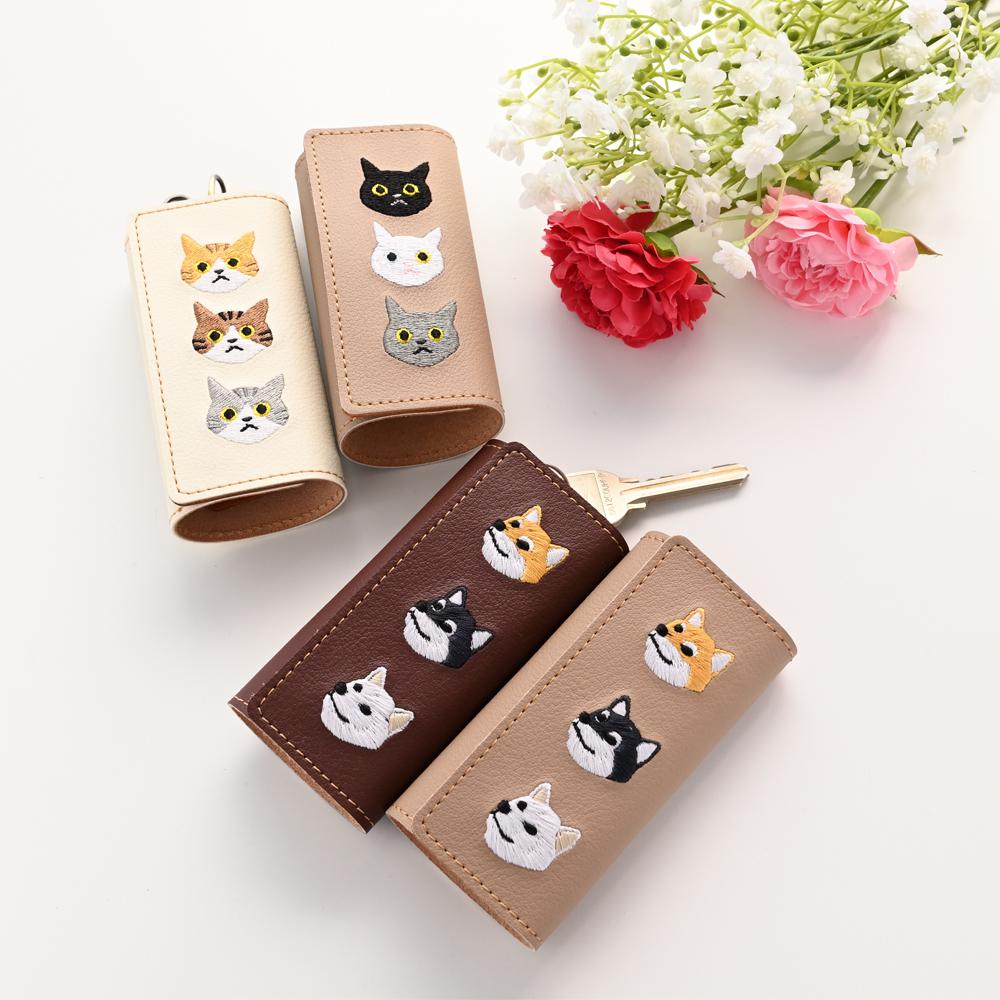 キーケース 【 刺繍 3匹の猫 柴犬 2点セット 】 選べる レザー 母の日 猫 犬 鍵 スマートキー A151I