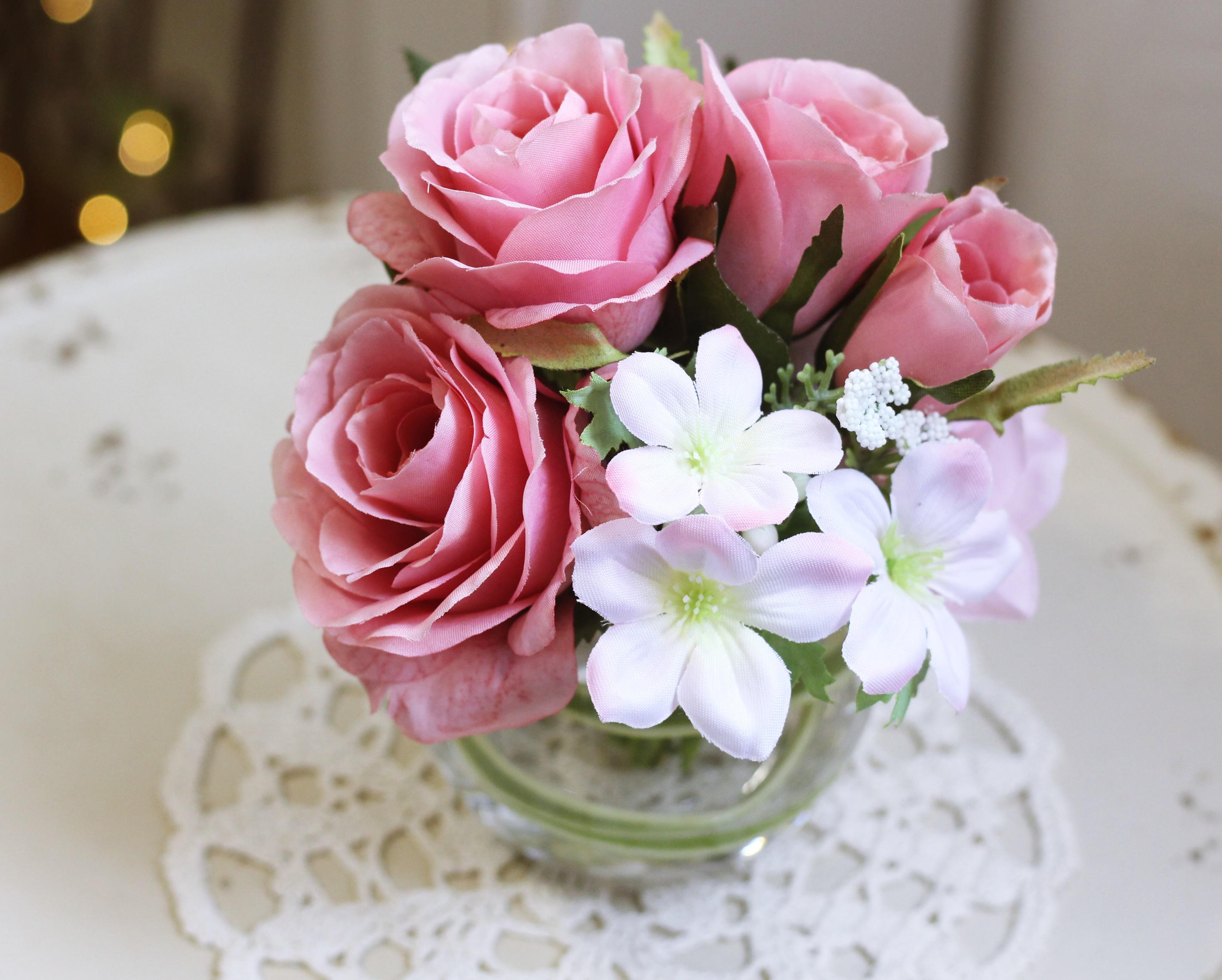 水替え不要!! ローズと小花のガラス花瓶アレンジ「Creema限定」 アート  