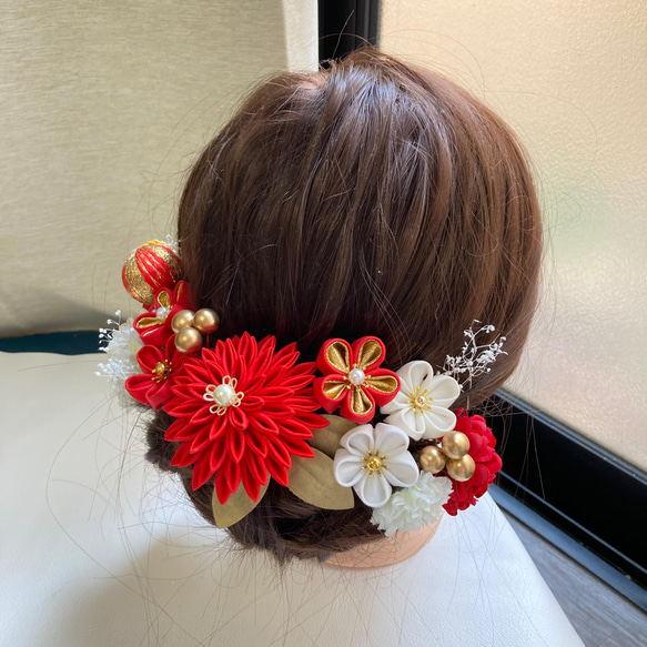 成人式髪飾り　つまみ細工　赤白　結婚式　振袖　打掛　 11枚目の画像