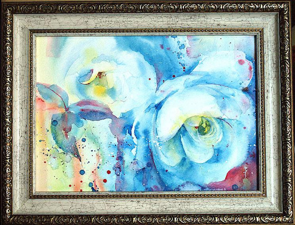 バラのささやき 額縁付き 透明水彩画 【公式通販】