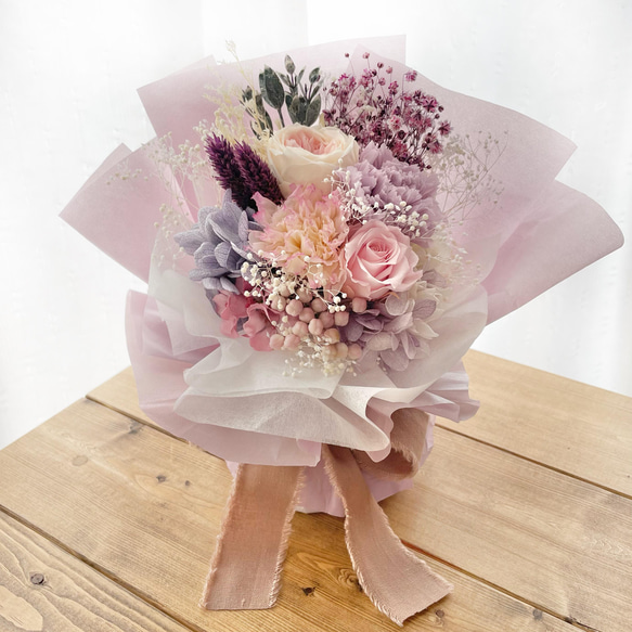 母の日に❁.*・ﾟピンクパープルミックス ローズとカーネーションの花束 
