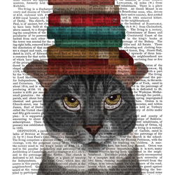 【イギリスから直輸入 アンティークアート】英国古書一点ものデザインアート 本をのせる猫 3枚目の画像