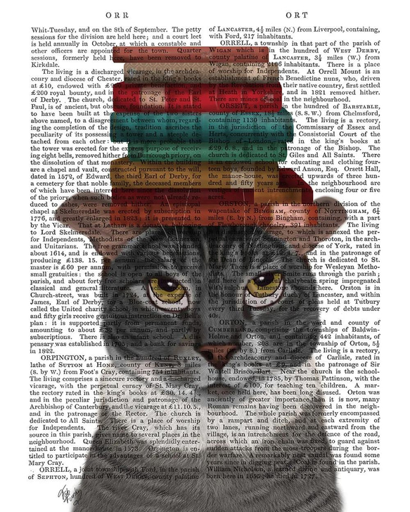 【イギリスから直輸入 アンティークアート】英国古書一点ものデザインアート 本をのせる猫 3枚目の画像