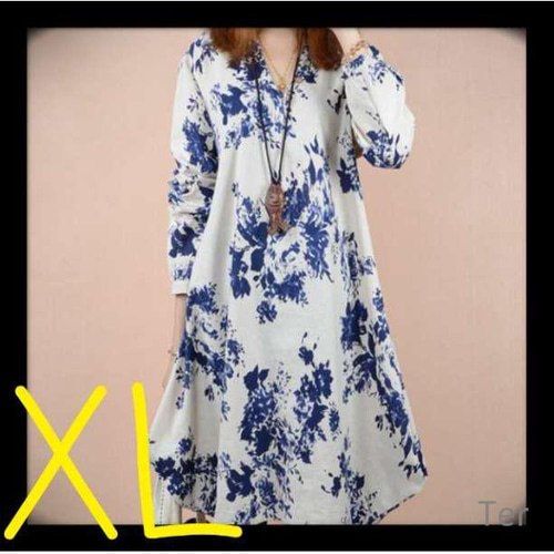 長袖 チュニックワンピース 花柄 Aライン トップス 青 XL ワンピース