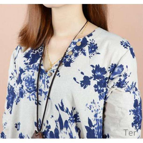 長袖 チュニックワンピース 花柄 Aライン トップス 青 XL ワンピース