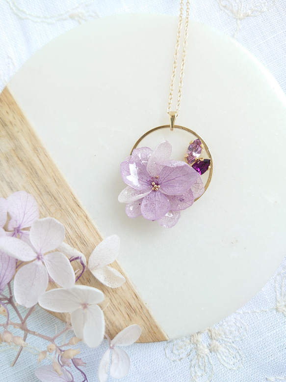 紫陽花ミルフィーユ Hydrangea & bijou 【ネックレス】藤色 6枚目の画像