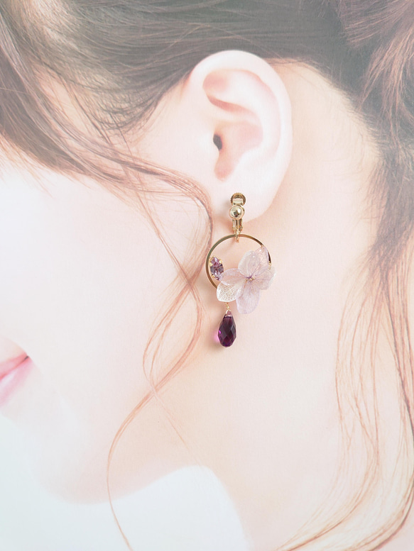 繡球花 繡球花＆寶石 [耳環或耳環/項鍊] 紫紅色 第4張的照片