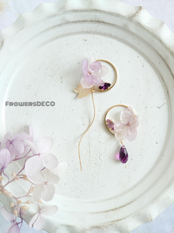 繡球花 繡球花＆寶石 [耳環或耳環/項鍊] 紫紅色 第3張的照片