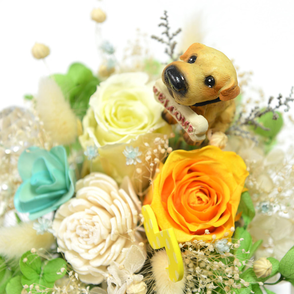 ワンちゃんと音楽が好きの方へ 花カゴのフラワーアレンジ 犬 ドッグ 7枚目の画像