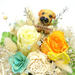 ワンちゃんと音楽が好きの方へ 花カゴのフラワーアレンジ 犬 ドッグ 5枚目の画像