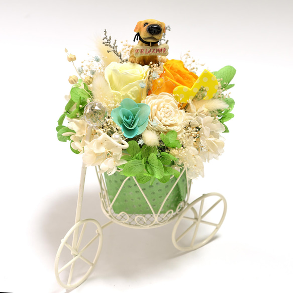 ワンちゃんと音楽が好きの方へ 花カゴのフラワーアレンジ 犬 ドッグ 6枚目の画像