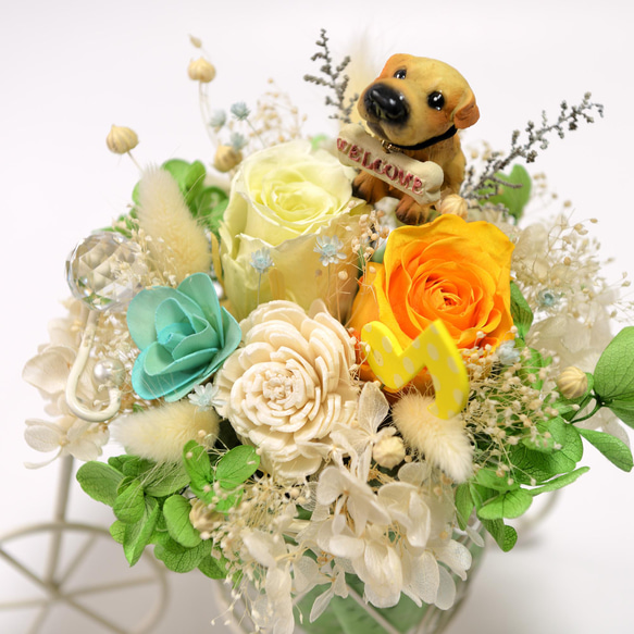 ワンちゃんと音楽が好きの方へ 花カゴのフラワーアレンジ 犬 ドッグ 1枚目の画像