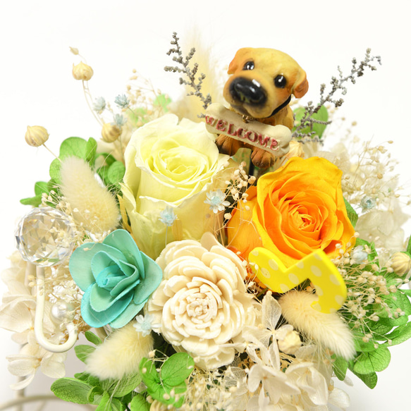 ワンちゃんと音楽が好きの方へ 花カゴのフラワーアレンジ 犬 ドッグ 3枚目の画像
