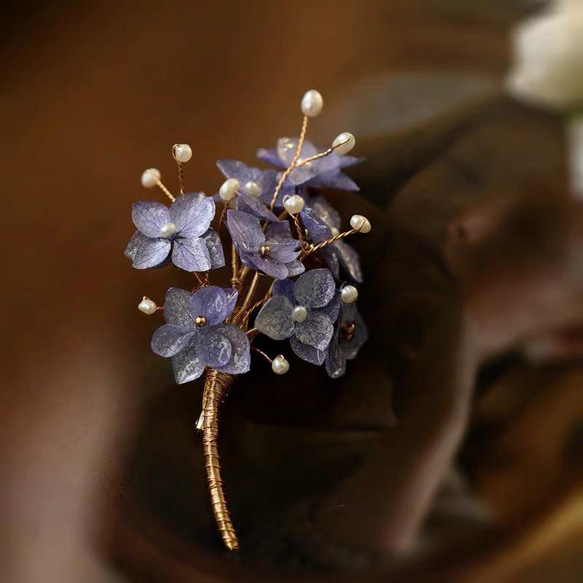 紫陽花のブローチ パールブローチ パープル系 2枚目の画像