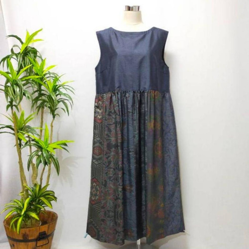 着物リメイク 384 LLサイズ ギャザーワンピース ジャンバースカート 花