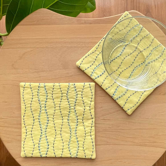 残り1セット》刺し子コースター2枚セット 立涌/黄色 波模様 プチギフト  