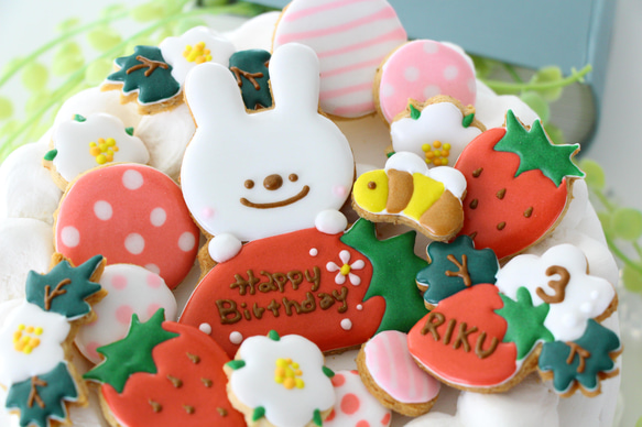 うさぎ　【アイシングクッキー】　オーダー　誕生日　いちご　赤　女の子向け　通販 5枚目の画像