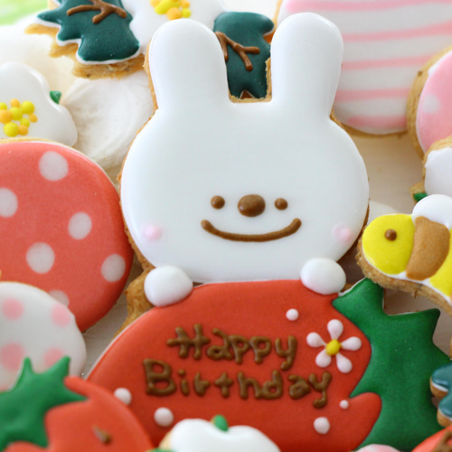 うさぎ 【アイシングクッキー】 オーダー 誕生日 いちご 赤 女の子向け