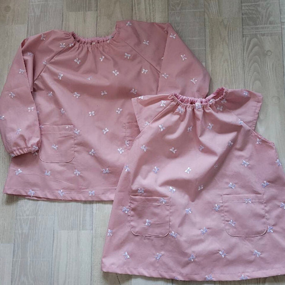 【数量限定価格】80～130size リボン刺繍 ピンク 総柄 半袖スモック ショート袖 7枚目の画像