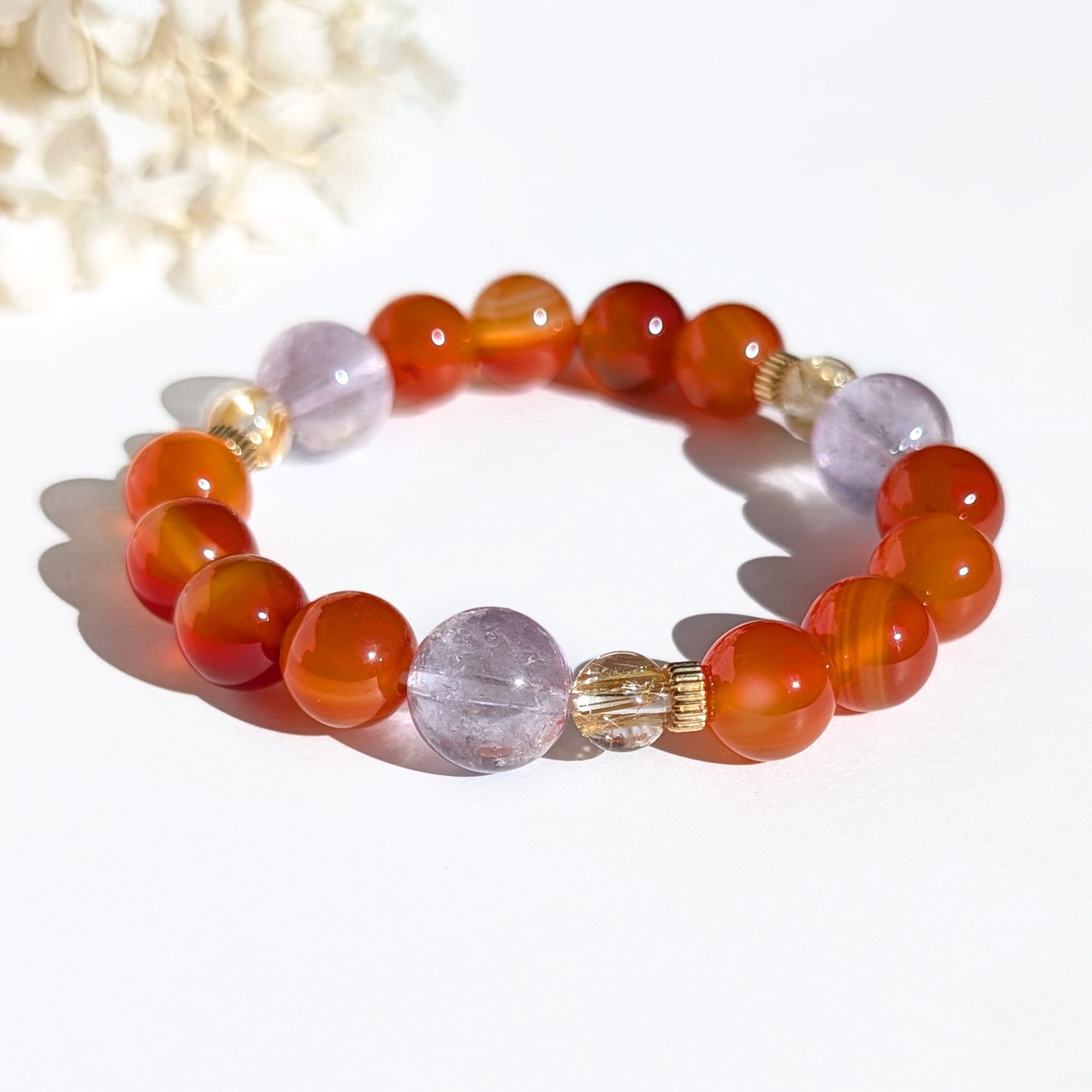 Grace／一点もの　カーネリアン×アメジスト×ゴールドルチルクォーツ×14kgf　グレイスブレスレット