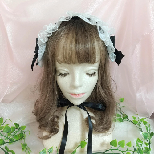 フリルリボンの編み上げ風ヘッドドレス♡ブラック×ホワイト ヘッド