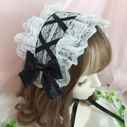 ♡3点No.2 天使のうさぎさん付き 編み上げリボンヘッドドレス white ♡ ♡ 赤ちゃんうさぎ付き*.+°フリルレースサテンリボンヘッド