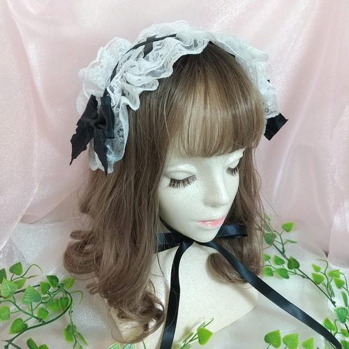 フリルリボンの編み上げ風ヘッドドレス♡ブラック×ホワイト ヘッド
