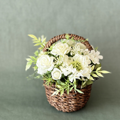 再販 ☆ バスケットアレンジメント White&Green アーティ