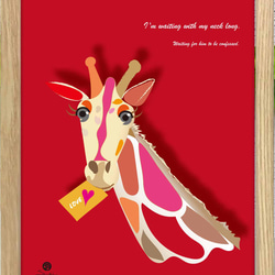 ポスター　A4 　アート　seiで検索　イラスト　誕生日プレゼント　結婚祝い　新築祝い　赤　レッド　キリン　ｃ-34 1枚目の画像