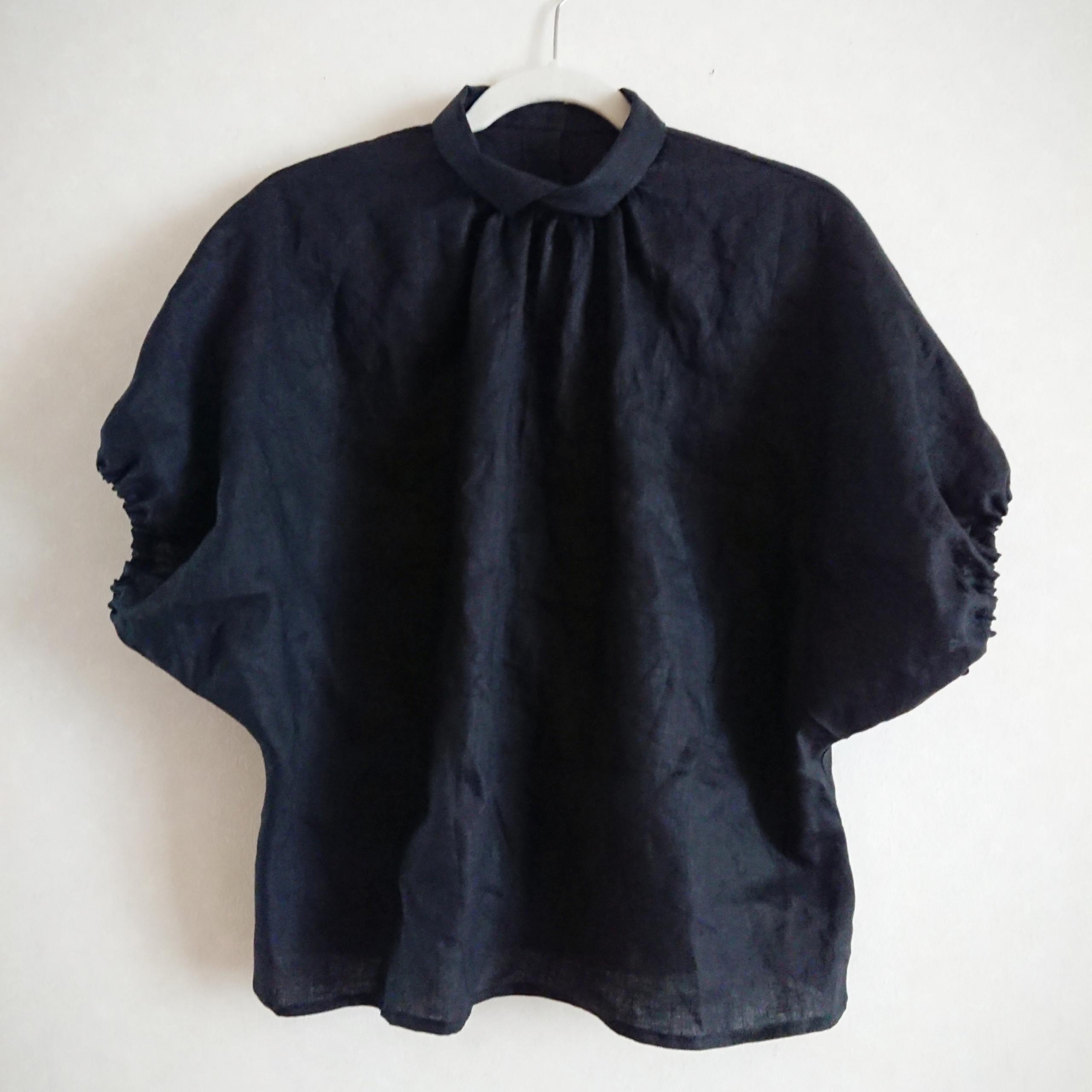 後ろ姿もかわいい！ブラックリネンのブラウス☆クロス襟のパフスリーブブラウス☆ドルマン袖〈受注制作〉再販×17