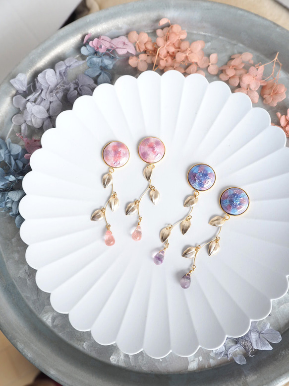 景泰藍繡球吊墜耳環～粉色×淡紫色～ 第4張的照片