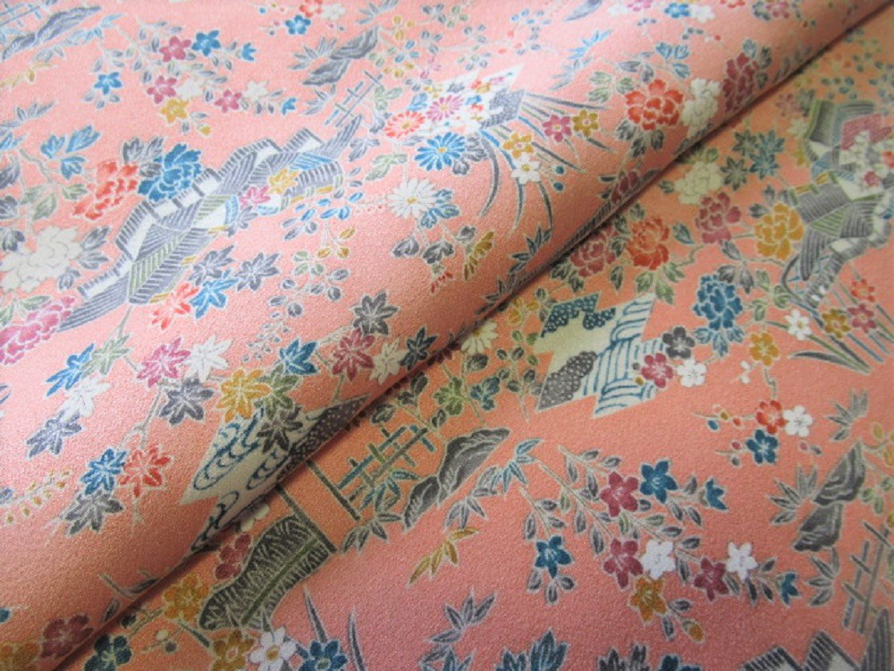 桃色 本加賀友禅 茶屋辻模様 正絹 緞子 丹後ちりめん No.47【長さ50cm
