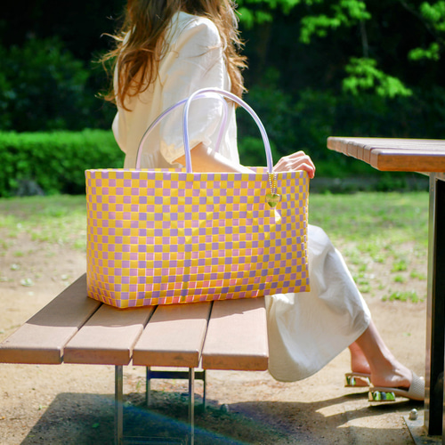 チェッカー柄ラベンダー×イエローXL 2WAYプラカゴバッグ プラカゴ かご