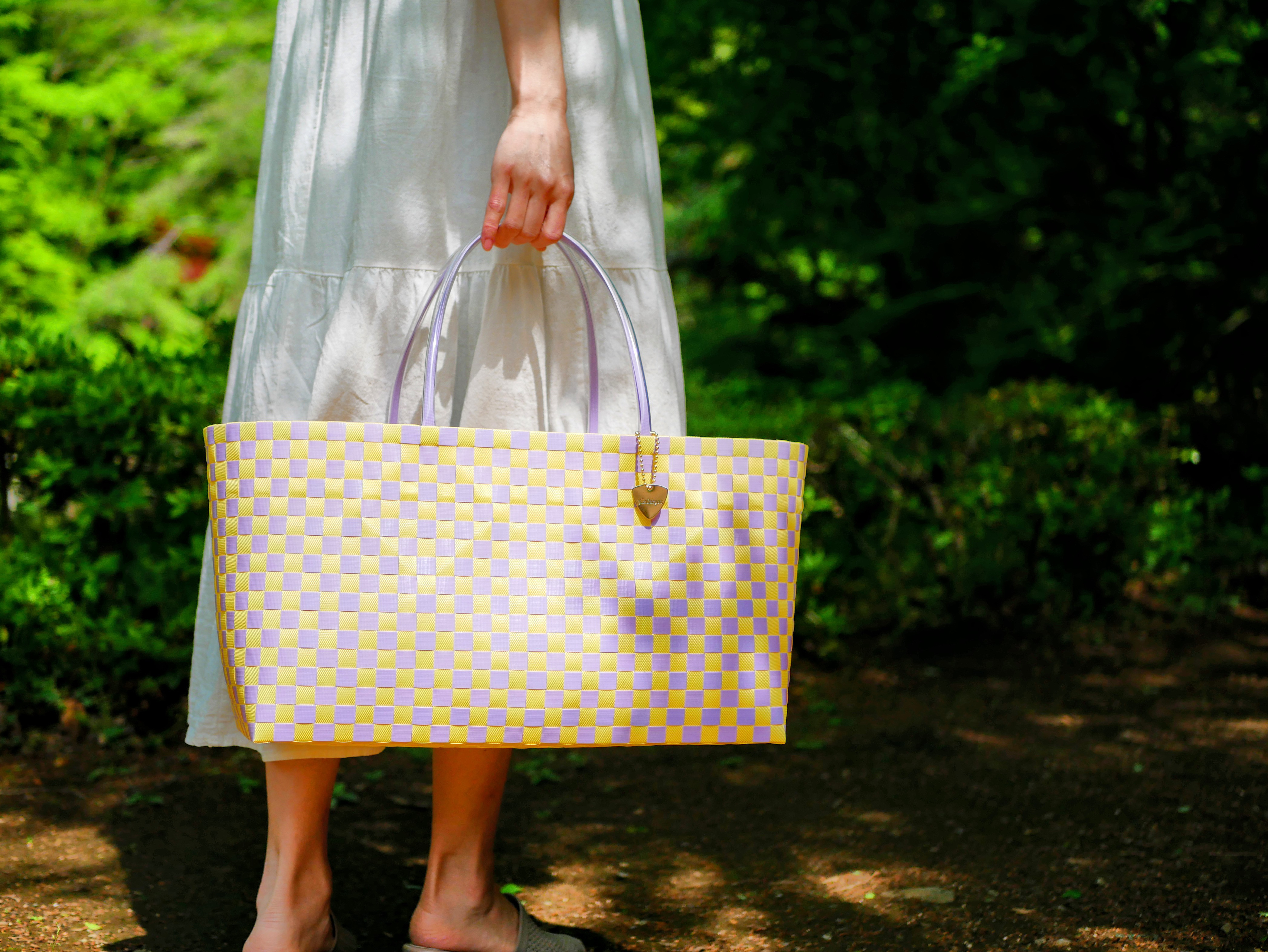 チェッカー柄ラベンダー×イエローXL　2WAYプラカゴバッグ 　プラカゴ　かごバッグ　マルシェバッグ　大容量バッグ 14,399円