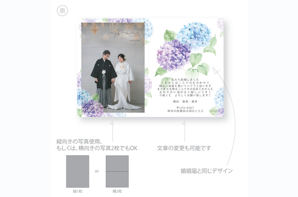 【結婚報告はがき・横向き】水彩画あじさいの・引出物やお返しの品に添えられるウェディングペーパーアイテム 5枚目の画像