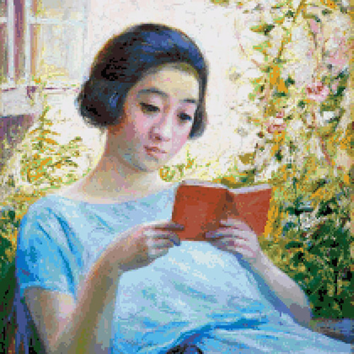岡田三郎助「少女読書」 クロスステッチ図案 編み図・パターン