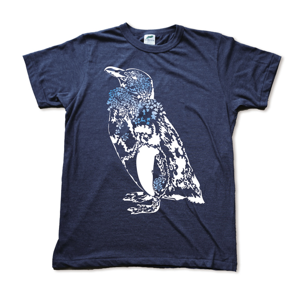 フラワーアイペンギンの手刷りやわらか紺Tシャツ 1枚目の画像