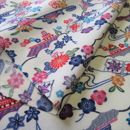 白練色 京友禅 紅型 型染 流水に網干・花鳥模様 正絹 丹後ちりめん No