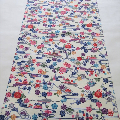 白練色 京友禅 紅型 型染 流水に網干・花鳥模様 正絹 丹後